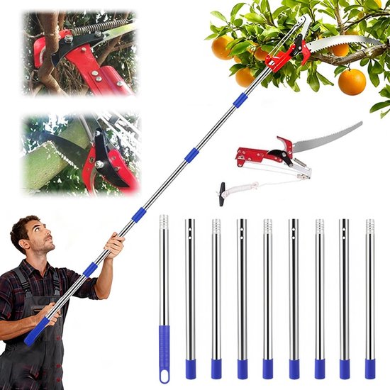 Telescopische takkenschaar met 4 meter lange steel en draagtas voor het snoeien van takken en bomen, ideaal voor zagen en knippen