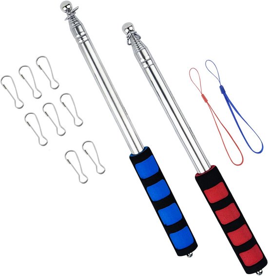 Telescopische Vlaggenmastset - 2 Stuks - Uitschuifbare Stok met 8 Clips - Handheld Vlaggenmasten - Vlaggen Ophangen - voor reisleiders, camping, leraren, excursies, wedstrijden - 2,5 m van Merkloos	