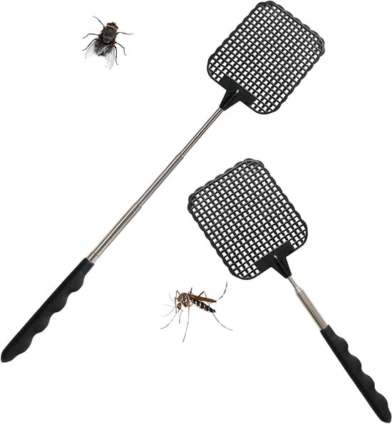 Telescopische vliegenmepper met roestvrijstalen handvat, elektrisch en uitbreidbaar voor keuken en tuin, 2 stuks