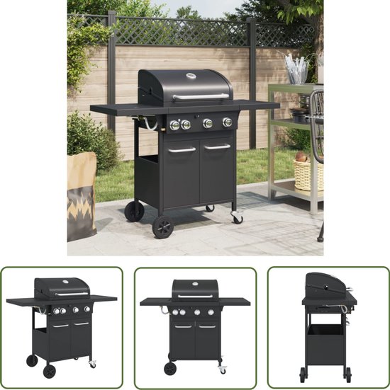 The Living Store Gasbarbecue met 4 branders gepoedercoat staal zwart - Gasbarbecue - Buitengoed - Bbq - Barbecues - Buitenkeuken van The Living Store