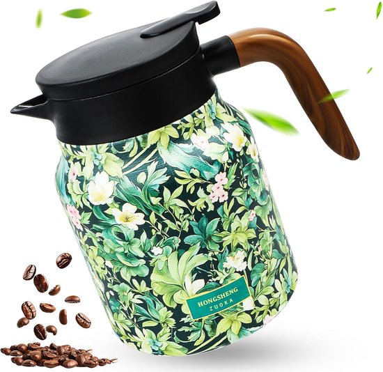 Thermos, 316 Stainless Steel, Thermos Flask 1 Litre, Tea Thermos with Vintage Floral Pattern, Vacuum Teapot, Coffee, Warming Jug, Flowers, Teapot for Hot Drinks van Merkloos	