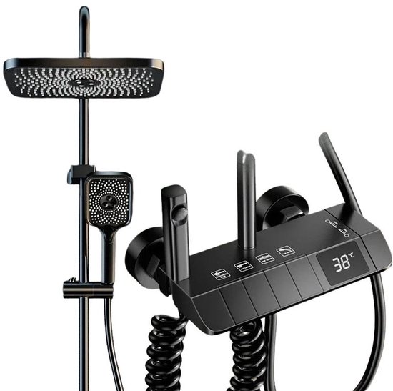 Thermostaat Doucheset - Regendouche - Douchekop - Douchestang - Badkamer Douche Kraan Set - Digitaal Display - Douche Thermostaat - 4 Functies - Hoge Druk Afvoer - Koperen Kranen - Zwart van Sensa.