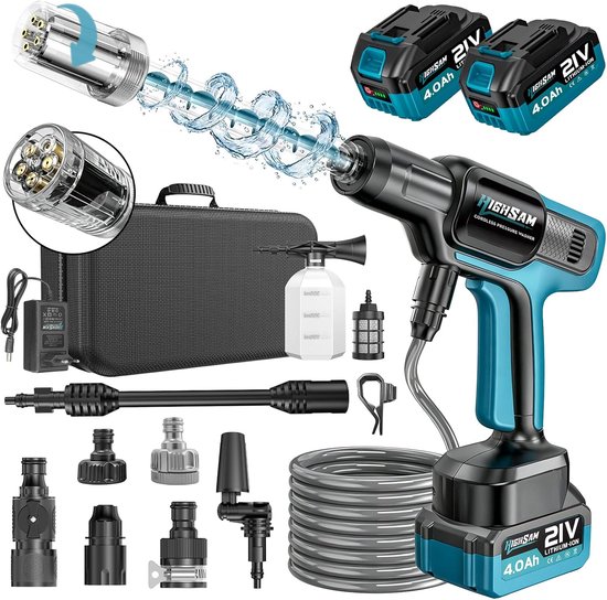 Thijox - Accu-Hogedrukreiniger 3000 W Borstelloze Motor, 120 Bar, Draadloze Mobiele High-pressure Washer met 2 Accu's van 4,0 Ah, 5-in-1 Draaibare Spr