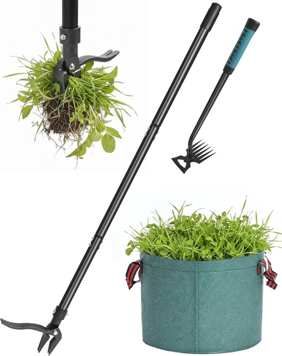 Thijox - Handmatige Onkruidverdelger Set met Lange Steel (114 cm), Staande Onkruidverwijderaar met 4 Klauwen, Inclusief Handhark & 50L Tuinafvalzak vo
