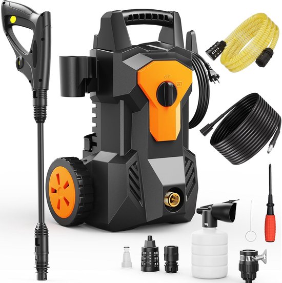 Thijox - Hogedrukreiniger 1600W, Max. Druk 140 Bar, 420 l/h, 8m Slang, 2m Kabel, Verstelbaar Mondstuk, Geïntegreerde Slanghaspel voor Huis, Tuin, Auto
