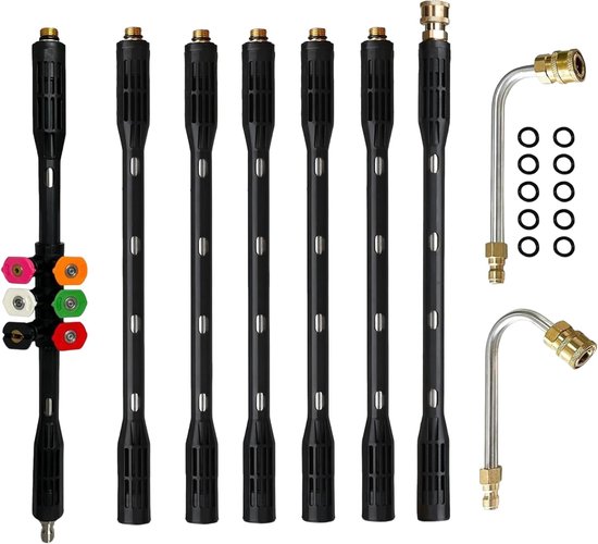 Thijox - Hogedrukreiniger Verlengstaaf met 6 Sproeikoppen, 9 Stuks Gootreiniger Opzetstuk, 1/4 inch Quick Connect, Anti-Gelekte Ring, Ideaal voor Tuin