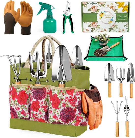 Thijox - Hoogwaardige 9-delige tuingereedschapsset van roestvrij staal met ergonomische handgrepen, antislip, duurzame opbergtas, perfect tuincadeau v