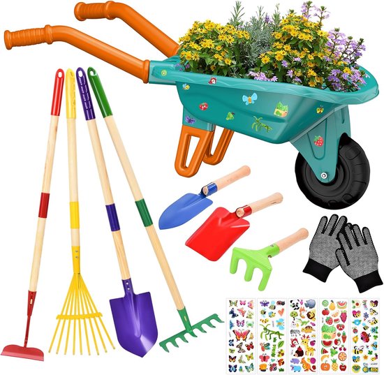 Thijox - Kinderkruiwagen 14-delig met Tuingereedschap, Schep, Hark, Vork, Werkhandschoenen, Groene Tuinset voor Kinderen, Speelgoed voor Buiten en Tui