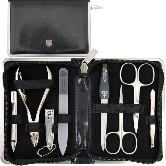 Thijox - Manicure set 8-delig zwart kunstleer, nagelnecessaire met nagelschaar, nageltang, glazen nagelvijl, huidschaar en pincet voor perfecte nagelv