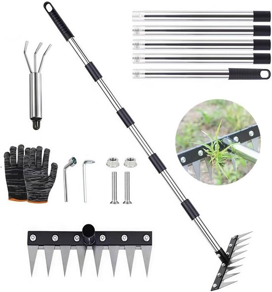Thijox - Onkruidschaar met lange steel 185 cm, 8 tanden, onkruidhark voor tuin en terras, tuinhark voor gazon, onkruidverdelger, ideaal voor tuinieren