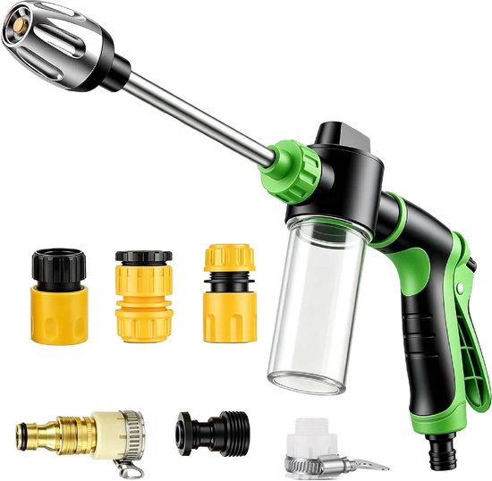 Thijox - Power Jet Hogedrukpistool voor Tuinslang, 2-in-1 Hogedrukreiniger met Verstelbaar Mondstuk en Schuimreservoir, Groen voor Auto, Tuin, Terras