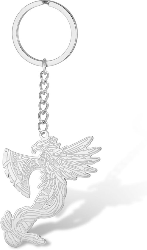 Thijox - Sleutelhanger RVS Viking Bijl met Feniks - Unieke Sleutelaccessoires voor Mannen - Duurzame Portemonnee, Tas & Rugzak Sieraden - Perfect Gesc
