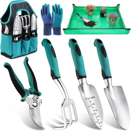 Thijox - Tuinset 5-delig - Tuinschep, Handhark, Tuinschaar, Plantenmat, Bloementrommel - Perfect voor Verplanten en Tuinonderhoud - Ideaal voor Tuinli