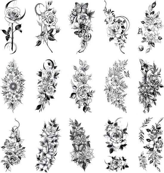 Tijdelijke tatoeages, 15 stuks, bloemen, halve arm, meisjes, volwassenen, waterdicht, voor vrouwen, meisjes, mannen, lichaamsdecoratie van Merkloos	
