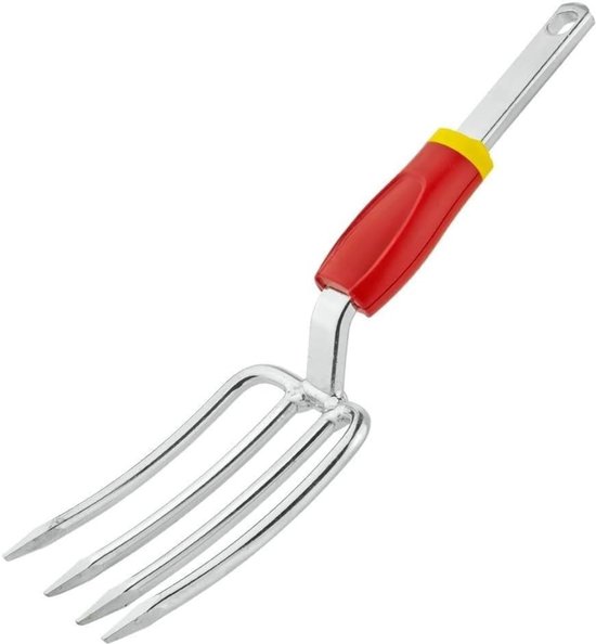 TIM® Woelvork - Tuinwoeler - Spitvork Met D-Greep - Grondwoeler Met 4 tanden – Tuinklauw - Bodembewerking - Rood/Zilver - 30cm x 10cm x 5cm
