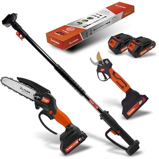 Titanium Batterijtakkenset – Accu-kettingzaag en Elektrische Snoeischaar met T telescoopstang tot 3,7 m – Inbegrepen 2 Accu's, Oplader en Beschermbril van WOLF-Garten