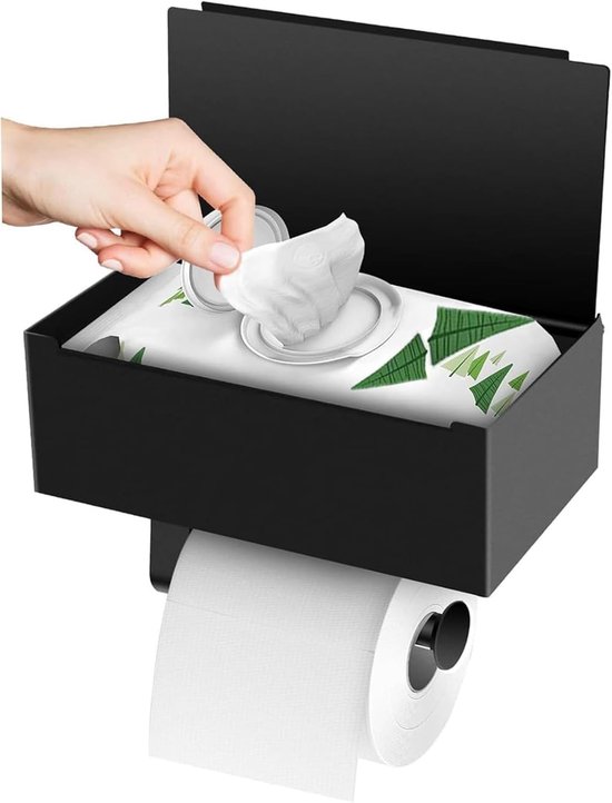 Toilet Paper Houder - Toiletpapierhouder met Vochtige Doekjesdoos - Zonder Boren - Roestvrijstalen Toiletrolhouder voor Badkamer of Keuken (Zwart) van Emco