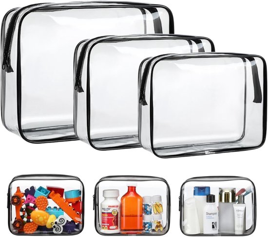 Toilettas set - transparante toilettassen - 3 stuks handbagage - cosmetische tas - waszak - zwart - 25×18×6 CM - praktisch van Merkloos	