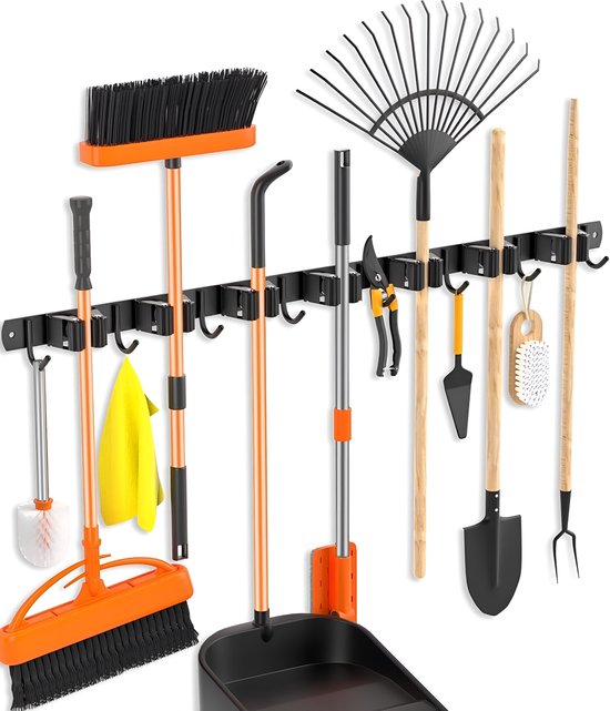 TOJ Bezemhouder - Tuingereedschap / Bezem Ophangsysteem - Gereedschapshouder - 7 Houders & 8 Haken - 82CM - RVS - Mat Zwart van TOJ