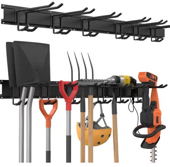 TOJ Gereedschapshouder - Bezemhouder - Tuingereedschap / Bezem Ophangsysteem - 3 Basisrails + 6 Haken - 120CM - Metaal - Mat Zwart van TOJ
