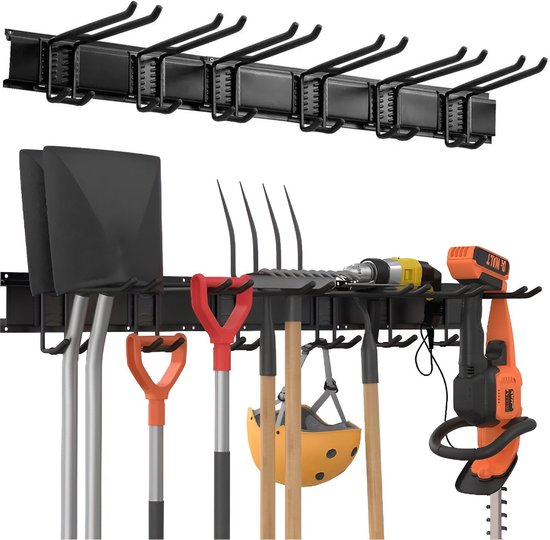 TOJ Gereedschapshouder - Bezemhouder - Tuingereedschap / Bezem Ophangsysteem - 3 Basisrails + 6 Haken - 120CM - Metaal - Mat Zwart van TOJ