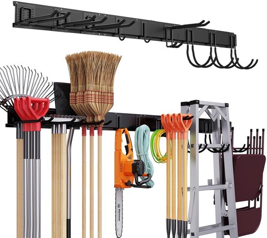 TOJ Gereedschapshouder - Bezemhouder - Tuingereedschap / Bezem Ophangsysteem - 3 Basisrails + 9 Haken - 120CM - Metaal - Mat Zwart van TOJ