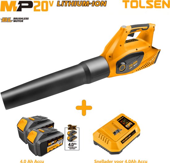Tolsen Bladblazer op Accu - 20V Li-ion - 800W - Luchtsnelheid 212 km/u - Incl. 2x 4.0Ah accu & 1x snellader van Tolsen