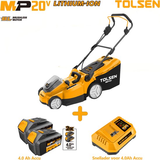 Tolsen Grasmaaier op Accu Brushless - 20V Li-ion - 700W - Maaibreedte: 370 mm - Maaioppervlakte: 350-400 m2 - 6 Maaihoogte-instellingen: 25-75 mm - Opvangbak: 40 liter- Incl. 2x 4.0Ah accu & 1x snellader van Tolsen
