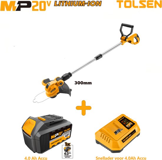 Tolsen Grastrimmer op Accu - 20V Li-ion - 200W - Ø 300 mm maaidiameter - 7500 /min - Verstelbare kop in vijf snijhoeken - Incl. 1x 4.0Ah accu & 1x snellader van Tolsen