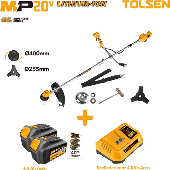 Tolsen Grastrimmer op Accu Brushless - 20V Li-ion - 450W - voor Gras en Struiken - Snijcapaciteit Gras: 400 mm - Snijcapaciteit Struiken: 255 mm - Incl. 2x 4.0Ah accu, 1x snellader & accessoires van Tolsen