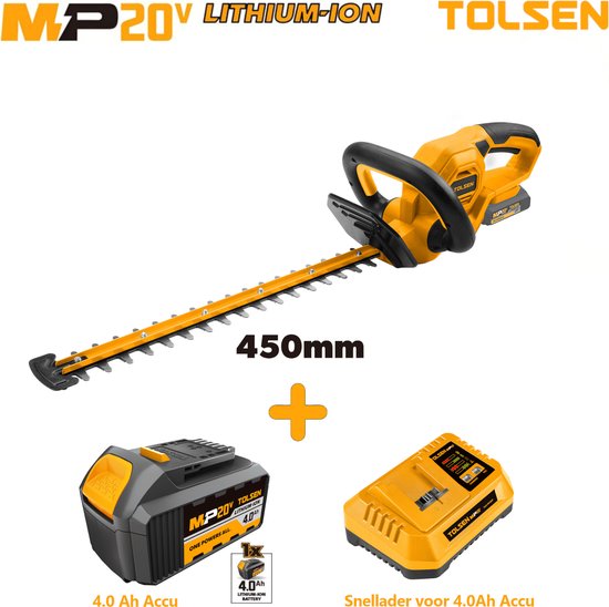 Tolsen Heggenschaar op Accu Industrial - 20V Li-ion - 200W - Zaagbladlengte: 450 mm - Snijbreedte 18 mm - 0-2000 SPM - Incl. 1x 4.0Ah accu & 1x snellader van Tolsen