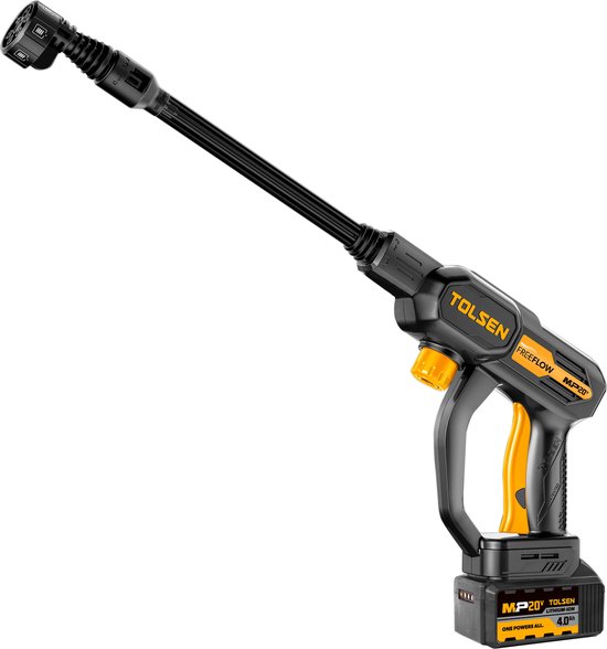 Tolsen Hogedrukreiniger op Accu 20V - 250W - 24 bar - 216 L/H - Incl. 5 mtr. aanzuigslang, reinigingsmiddelenfles en regelbare spuitmond – Geleverd incl. 4.0 Ah accu, snellader, canvas tas & accessoires van Tolsen