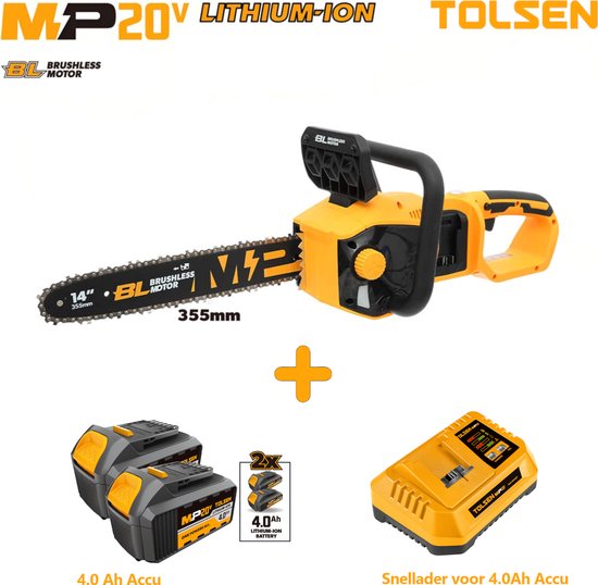 Tolsen Kettingzaag op Accu Brushless Industrial - 20V Li-ion - 1000W - Zaagbladlengte: 355 mm - Kettingsnelheid: 6 m/s & 12 m/s - Incl. 2x 4.0Ah accu & 1x snellader van Tolsen
