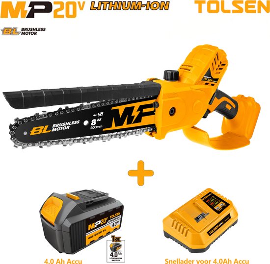 Tolsen Mini Kettingzaag op Accu Brushless Industrial - 20V Li-ion - 400W - Zaagbladlengte: 200 mm - Kettingsnelheid: 7,5 m/s - Automatische Kettingsmering - Incl. 1x 4.0Ah accu & 1x snellader van Tolsen