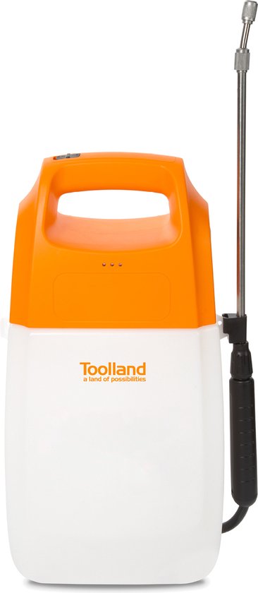 Toolland Drukspuit, elektrisch, herlaadbare batterij, telescopische lans, regelbare sproeikop, schouderriem, 6 liter, wit/oranje/zwart van Merkloos	