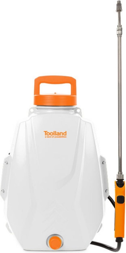 Toolland Drukspuit/Rugspuit, elektrisch, herlaadbare batterij, telescopische lans, regelbare sproeikop, gewatteerde schouderriemen, 12 liter, wit/oranje/zwart van Merkloos	