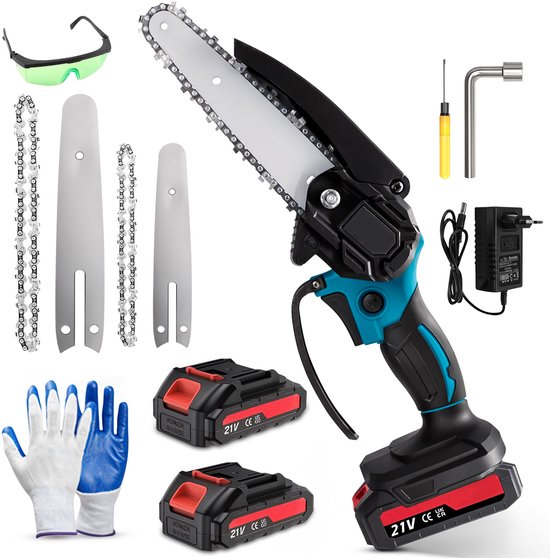 ToolX Mini kettingzaag - Kettingzaag - Mini Kettingzaag met accu - Snoeizaag - Boomzaag - 2 accu's - Inc. accessoires van Merkloos	
