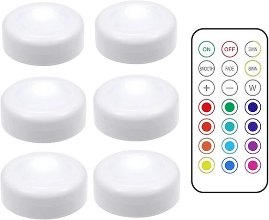 TopHomer Puck Light met Afstandsbediening en Timer, 6x LED, Wit, Kunststof, 13 Kleuren + 2 Modi, 40 Lumen, 4000K, IP42, 0.4W, 3V, 100mA, 6x6x2.5cm, Batterij (3x AAA), Decoratie, Binnenverlichting van Merkloos	