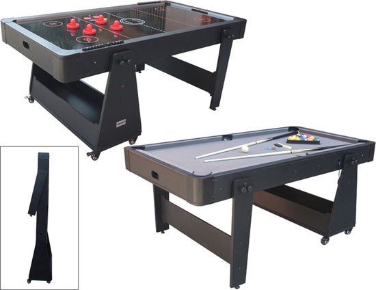 TopTable Twist 2-1 Max Mobile, Grey-Black 6,5ft - Airhockey & Pooltafel Combi 2 in 1 Gemakkelijk Opklapbaar & Verrijdbaar van T