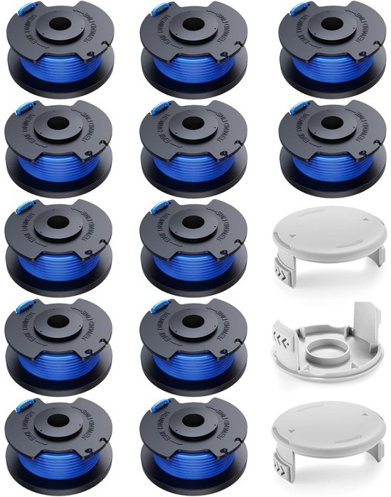 TOVBMUP 15 Stuks Grasmaaibladsnoeren Set - Vervangende Spoelen met Automatisch Lijnvoer - Geschikt voor Ryobi ONE+ 18V 24V 40V Grasmaaiers - Ø1.65mm x 3.4m - Duurzaam ABS Materiaal - Incl. 12 Spoelen en 3 Dekselkappen
