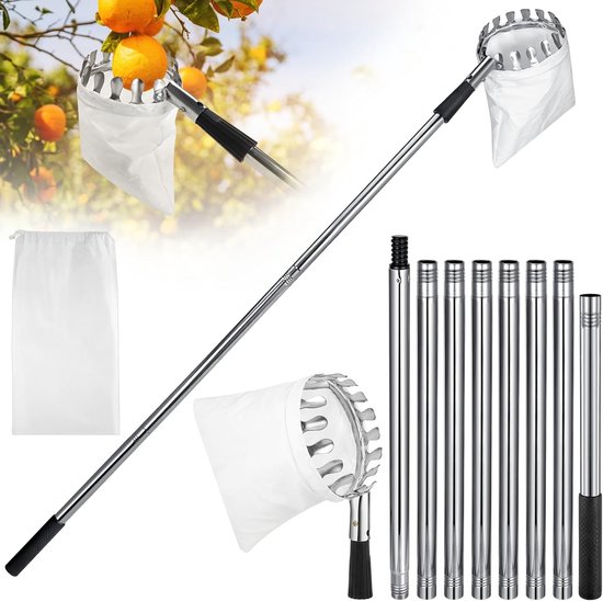 TOVBMUP 3,2 m Fruitplukker - met telescopische steel - Appelplukker - Geschikt voor het plukken van appels, kersen, pruimen en ander fruit - met katoenen plukzak met een diameter van 16 cm van Merkloos	