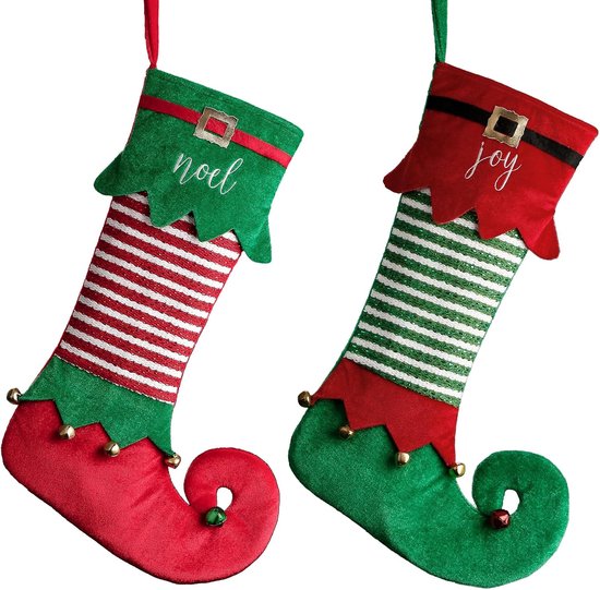 Traditionele hangende kerst sokken - rood groen - 18 inch - met naamtag en bellen - boomrok thema (niet inbegrepen) van Merkloos	