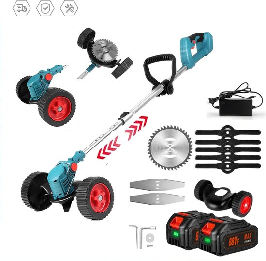 Traumheim® 3-in-1 Kantenmaaier – Elektrische Grastrimmer – Bosmaaier – Grasmaaier – Draadloos & Elektrisch – Incl. 2 Accu ‘s & Snellader - met wielen-blauw van Traumheim