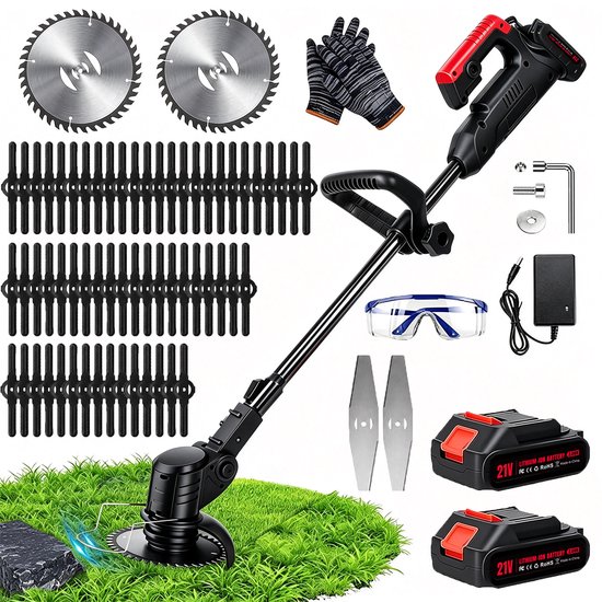 Traumheim® 3-in-1 Kantenmaaier – Grastrimmer – Bosmaaier – Grasmaaier – Draadloos & Elektrisch – Incl. 2 Accu ‘s & Snellader - met 60 Stuks Kunststof Messen - Incl. 3 snijkoppen