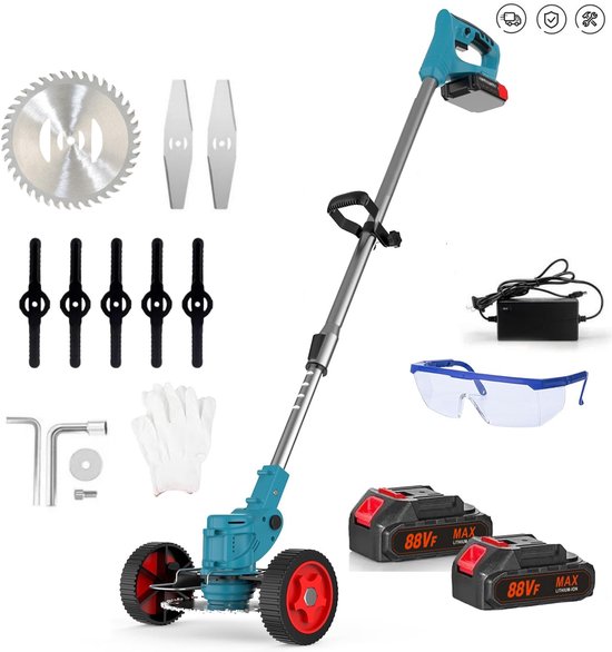 Traumheim® 3-in-1 Kantenmaaier – Grastrimmer – Bosmaaier – Grasmaaier – Draadloos & Elektrisch – Incl. 2 Accu ‘s & Snellader - met wielen-blauw van Merkloos	