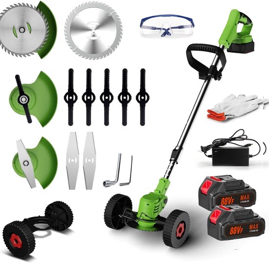 Traumheim® 3-in-1 Kantenmaaier – Grastrimmer – Bosmaaier – Grasmaaier – Draadloos & Elektrisch – Incl. 2 Accu ‘s & Snellader – met wielen -groente van Merkloos	