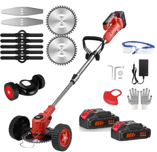 Traumheim® 3-in-1 Kantenmaaier - Grastrimmer - Bosmaaier - Grasmaaier - Draadloos & Elektrisch - Incl. 2 Accu ‘s & Snellader– met wielen –Red-15cm Cutting Diameter van Traumheim