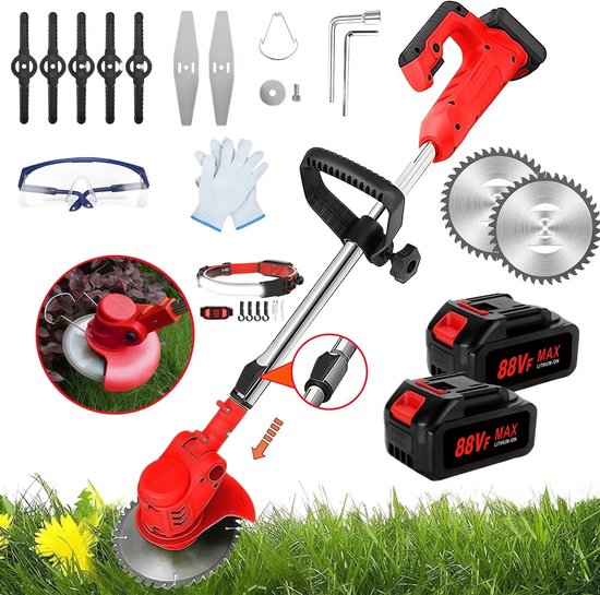 Traumheim® 3-in-1 Kantenmaaier – Grastrimmer – Bosmaaier – Grasmaaier – Draadloos & Elektrisch – Incl. 2 Accu ‘s & Snellader - Red van Traumheim