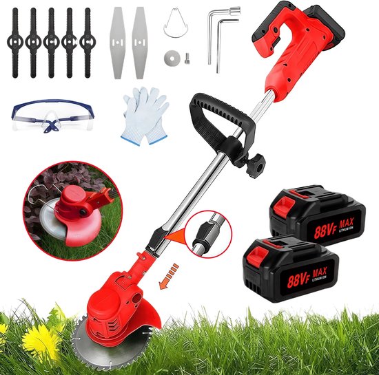Traumheim® 3-in-1 Kantenmaaier - Grastrimmer - Bosmaaier - Grasmaaier - Draadloos & Elektrisch - Incl. 2 Accu ‘s & Snellader - Red van Traumheim