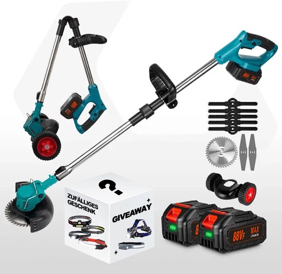 Traumheim® 3-in-1 Kantenmaaier – Grastrimmer – Opvouwbare grasmaaier met wielen – Grasmaaier – Draadloos & Elektrisch – Incl. 2 Accu ‘s & Snellader– blauw-TH-03